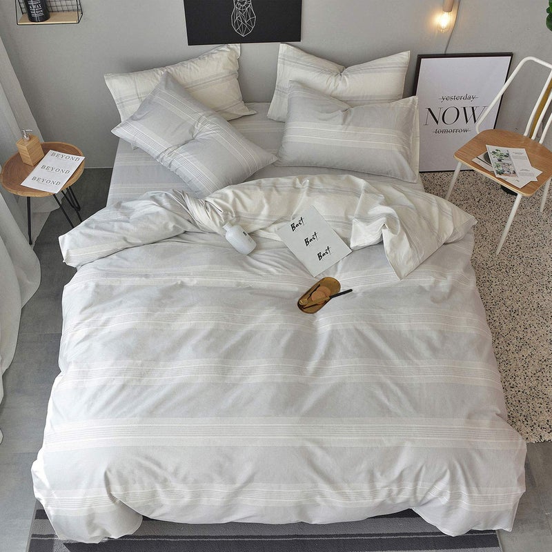 OREISE Duvet Cover Set Full/Queen Size 100% Cotton White/Light Gray Printed Striped Reversible Design 3Piece Bedding Set (1 Duvet Cover + 2 Pillow Shams) with Zipper Closure Soft Breathable - Image 1